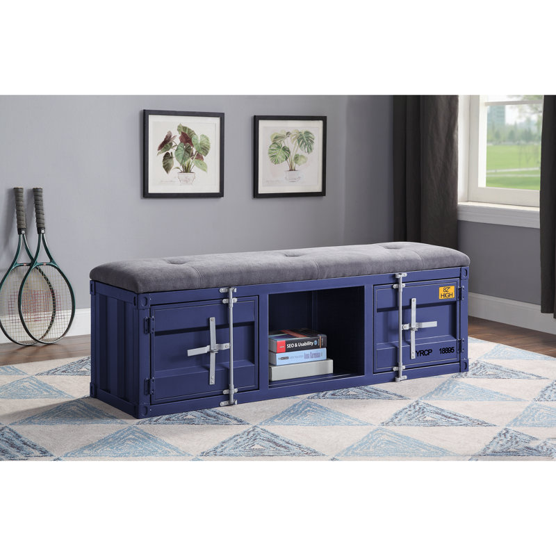 Blue Metal Storage Bench with Gray Fabric Seat