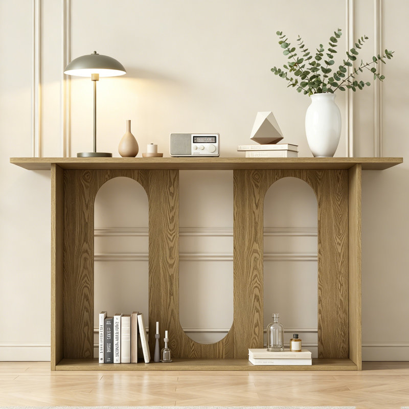 Curved Ash Veneer Console Table With Open Storage Shelf For Entryway, Natural
