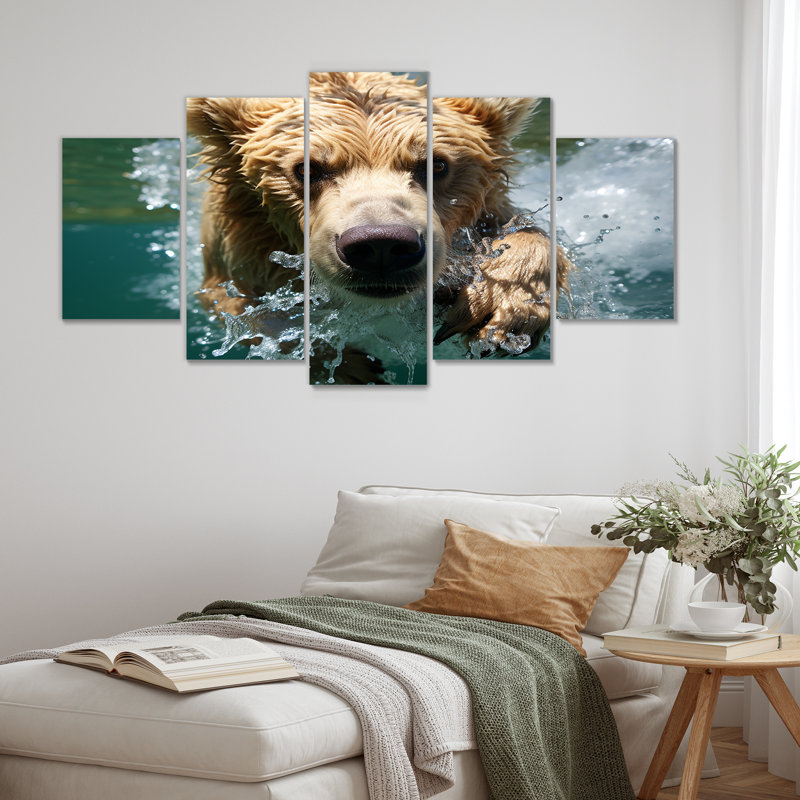 Ourson nageant dans le lac - art mural 5 pièces
