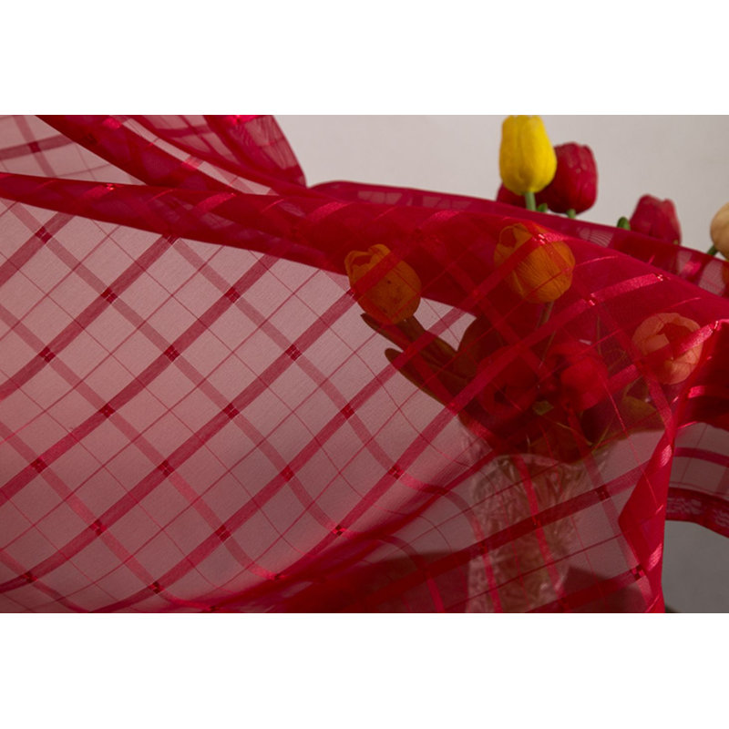 Jardine Plaid Stripe Sheer Window Curtain Panel, Red