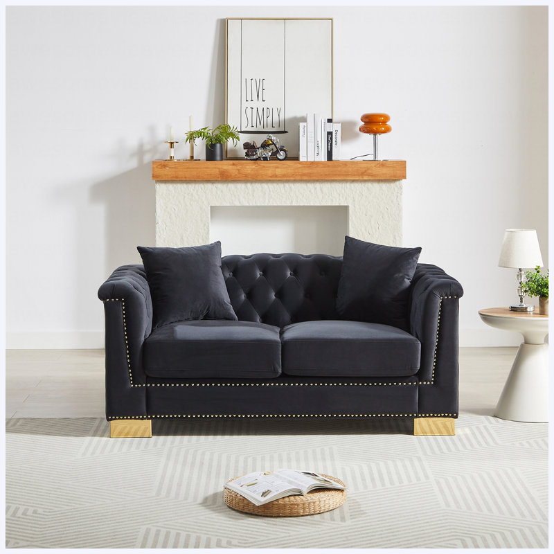 Canapé Chesterfield 62 po 62 po, Velours noir et bleu