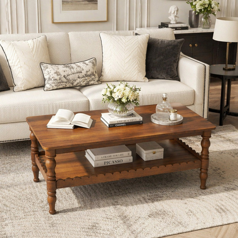 Rectangle Solid Wood Coffee Table with Storage Shelf