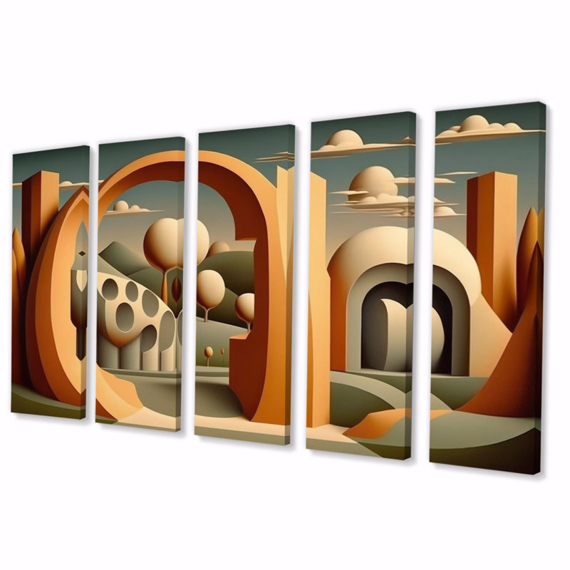 «Abstract Architecture In Retro Orange Lanscape» - Décoration murale paysage abstrait - 5 panneaux égaux