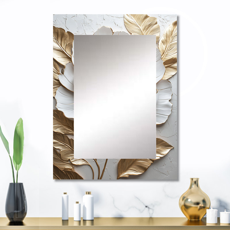 Pivoine épanouie en or et blanc II - miroir décoratif pivoine, grand miroir mural doré, impression d'art en métal