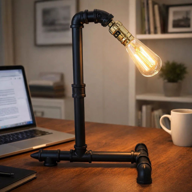 Lampe de bureau, style industriel avec tuyau Steampunk, métal noir mat