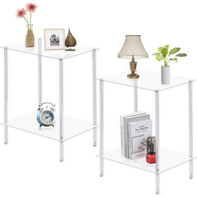 Tables d'appoint en acrylique avec 2 tablettes, ensemble de 2 tables de bout, tables de chevet pour espaces restreints, table de chevet en verre trempé à 2 niveaux pour le bureau, transparent