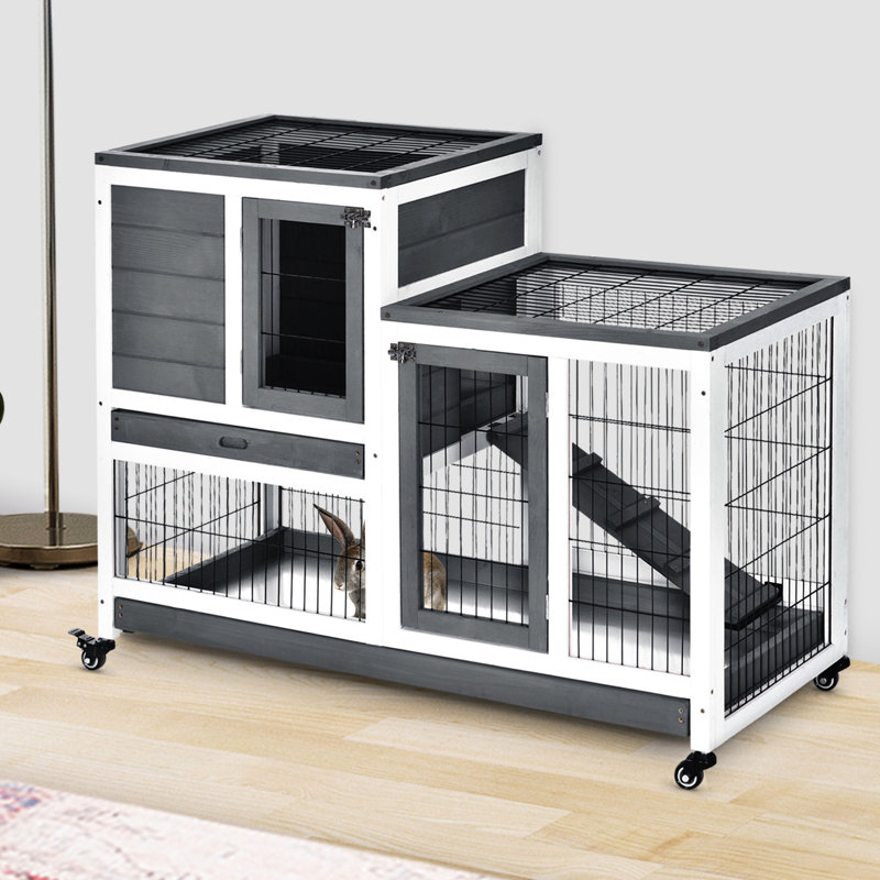 Cage en bois massif avec roues et corde amovible, rampe grise pour petits animaux - idéale pour les lapins,
