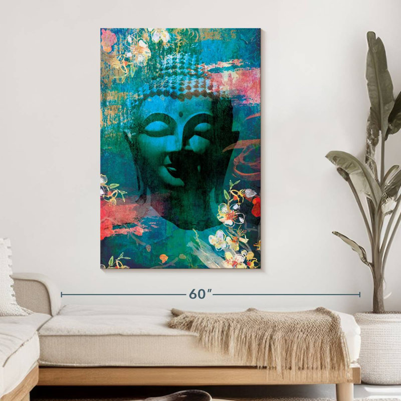 Tête de Bouddha fleurie I sur toile, H 48 po x l 32 po x P 1,25 po