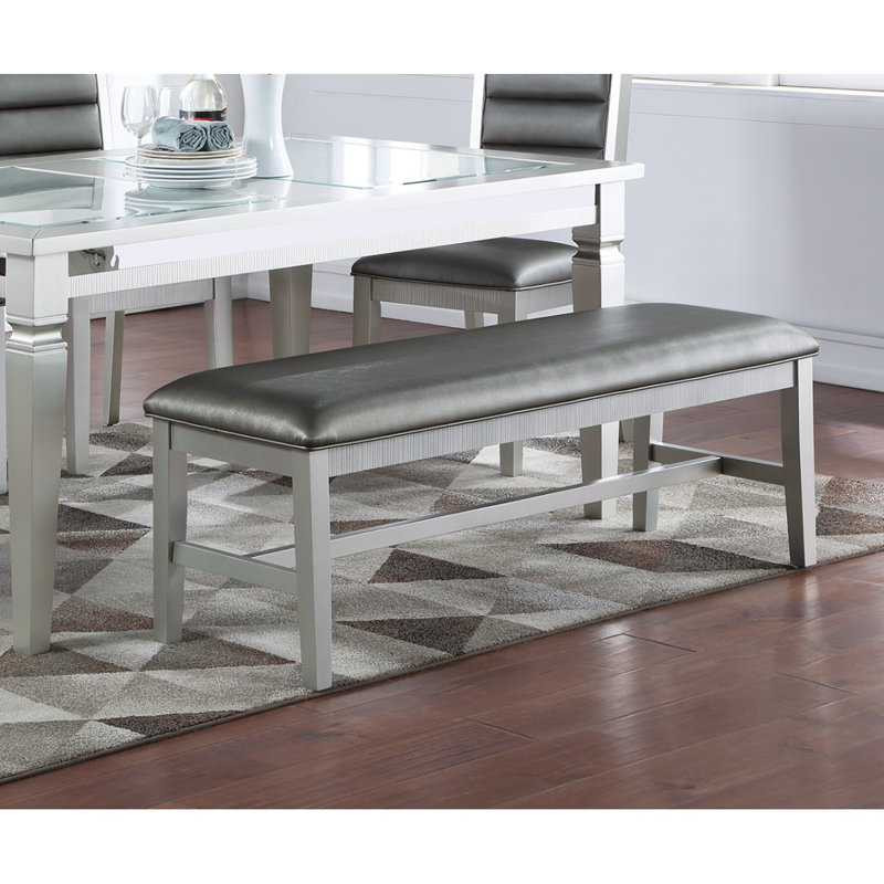 Élégant banc de salle à manger 1 pièce à finition argentée avec coussin en bois d'hévéa et siège en similicuir