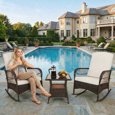 3-Piece Rocking Bistro Set, PE Wicker Outdoor Conversation Chairs with Cushions & Tempered Glass Table, Beige Rocking Chair Set for Porch Lawn Garden Backyard Deck