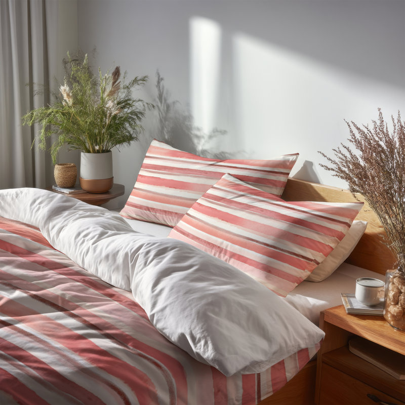 Ensemble de housse de couette à rayures 3 pièces - Ensemble de housse de couette et coussin décoratif à rayures roses et beiges