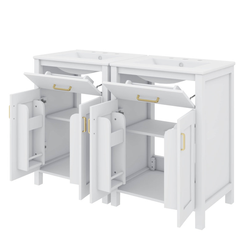 Meuble-lavabo double 48 po, meuble-lavabo en bois avec tiroirs basculants, 2 armoires de rangement et 2 meubles-lavabos séparés avec lavabos en céramique