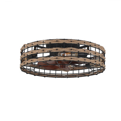 Sittig 19.68'' Flush Mount Caged Ceiling Fan with Lights, Farmhouse Rustic Low Profile Ceiling Fans, 4-Light Vintage Enclosed Ceiling Fan Lighting Fixture Remote Control (Including 5 Bulbs) (Rattan)