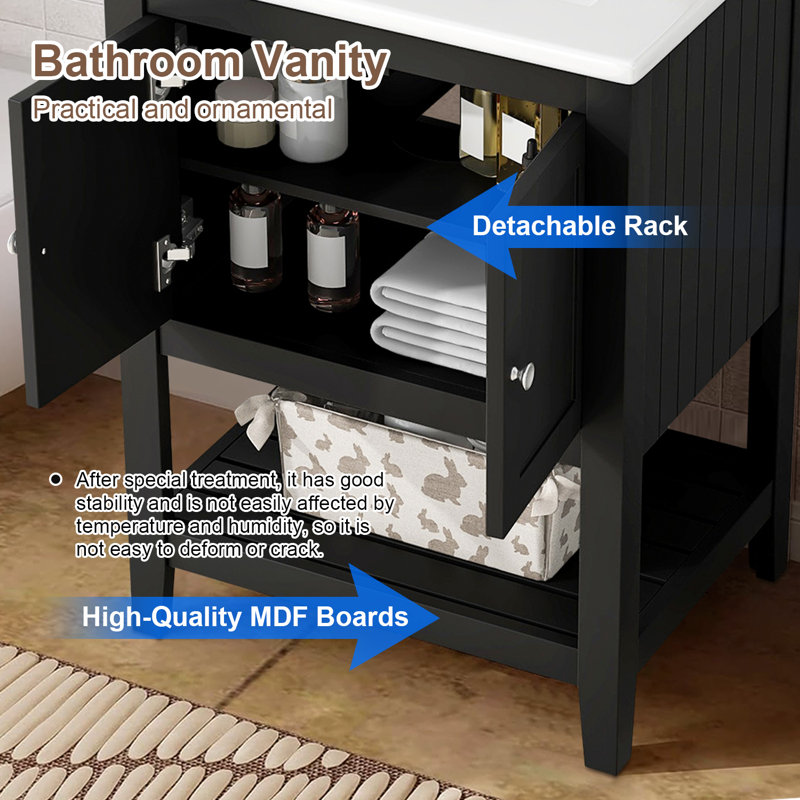 24'' Single Bathroom Vanity with Ceramic Top, Black / White