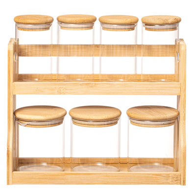 Étagère à épices et garde-manger polyvalente en bambou à 2 niveaux avec 7 pots en verre - Parfait pour le rangement sur le comptoir dans les cuisines afin de garder les récipients d'assaisonnement bien exposés et facilement accessibles