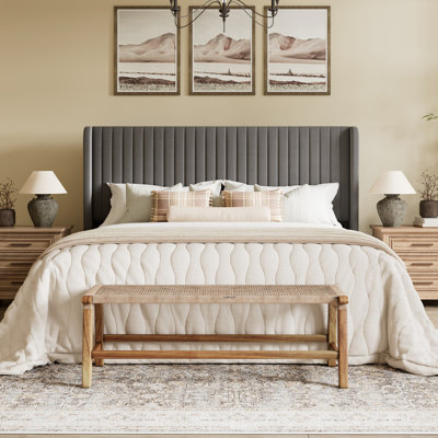 Candler Velvet Upholstered Platform Bed with Wingback Headboard and Wooden Slats