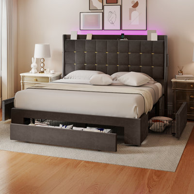 Velvet Upholstered Bed Frame With LED Headboard,3 Rolling Drawers And Power Outlets