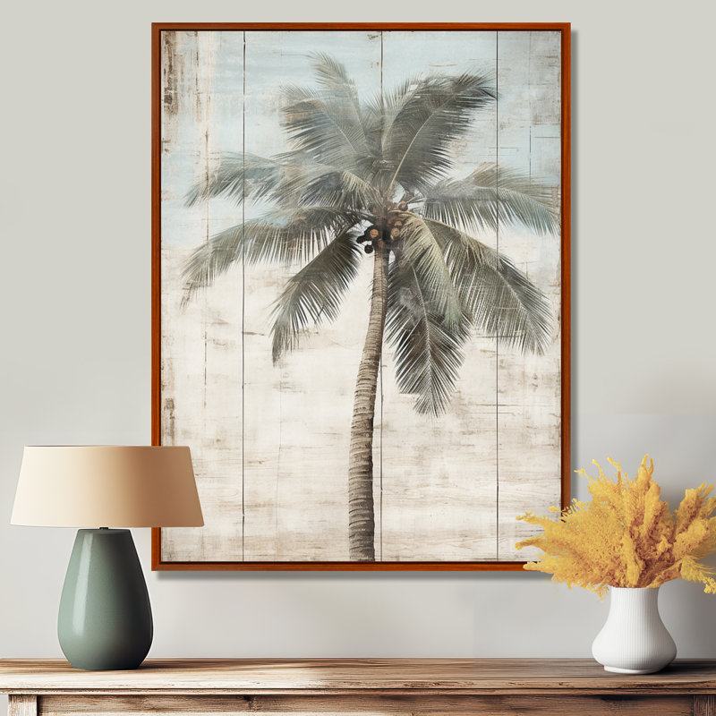 Palmier tropical dans des couleurs rétro délavées - prairie, art mural, H 40 po x l 30 po x P 1,5 po, Cadre flottant brun