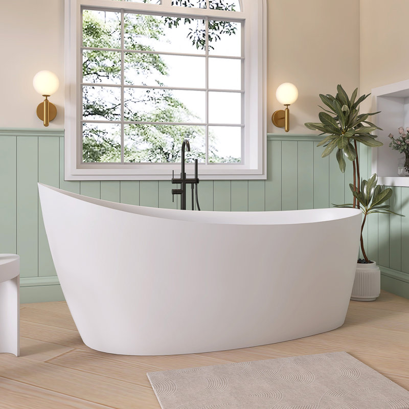 65" Freestanding Soaking Solid Surface  Bathtub, Matte White