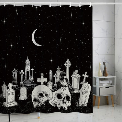 Rideau de douche d'Halloween 72 "* 72" ruban de décoration de salle de bain 12 crochets de rideau en polyester imperméable cadeau de décoration de chambre à coucher familiale moderne, adapté pour les adolescents et les adultes, crâne noir
