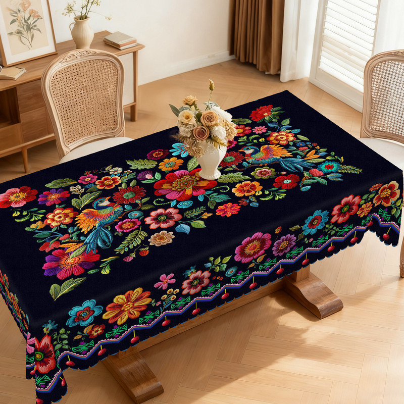 Floral Pattern Design Washable Black Polyester Tablecloth, 86.6" L x 70.8" W