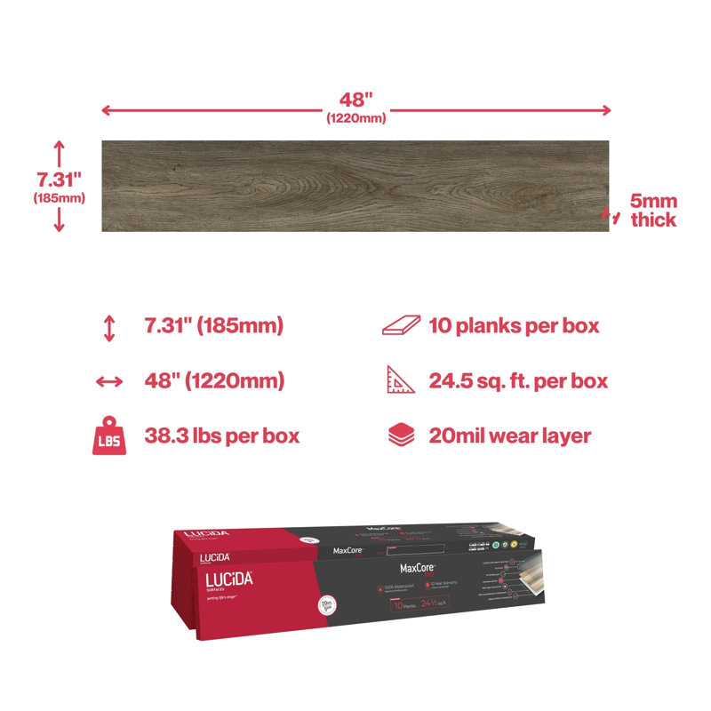Plancher en vinyle de luxe MaxCore Pro 20 mil x l 7,3 po x L 48 po, Écorce