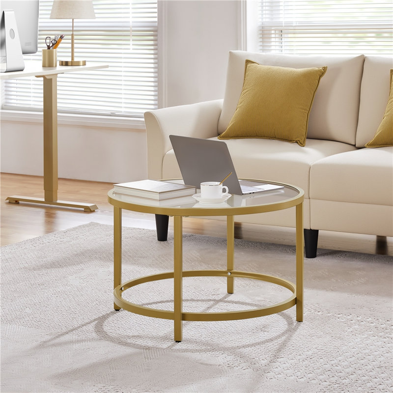 Cellestine Round Glass Coffee Table, 18" H x 27.6" L x 27.6 W, Gold