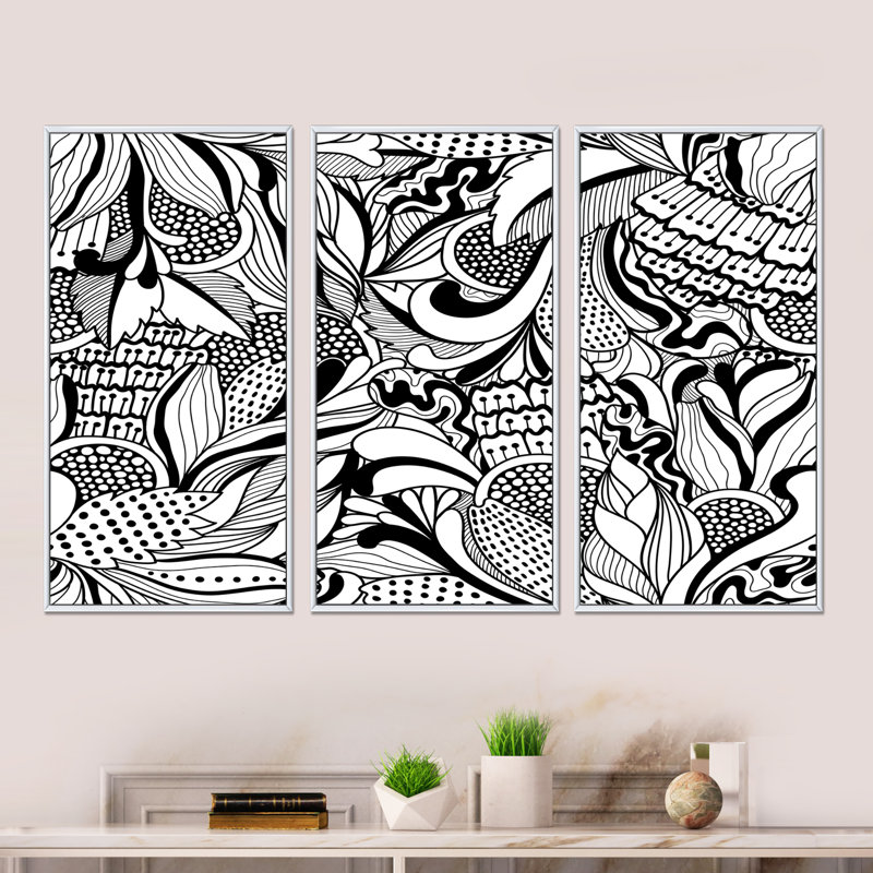 Fleurs abstraites en noir et blanc - ensemble d'art mural sur toile moderne encadré de 3, H 28 po x l 36 po x P 1 po