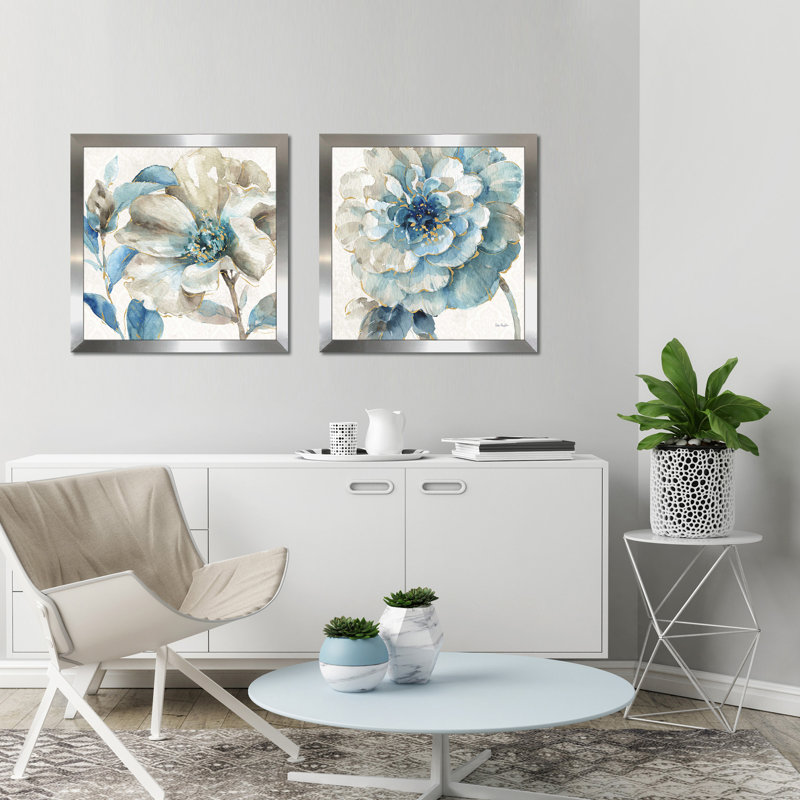 Indigold IV - ensemble sur papier, Pas de tapis, H 16,5 po x l 33 po x P 1 po, Encadrement argenté