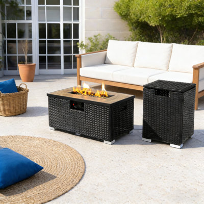 32" Rectangular Propane Fire Pit Table With Wicker Base - Includes Tank Cover, 50,000 BTU, 2-Piece Steel Patio Heater