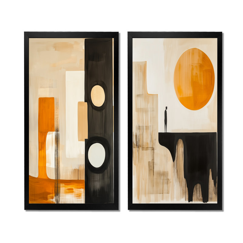 Composition d'ambre et de noir I - Ensemble de 2 tableaux abstraits géométriques, 32" H x 32" W, Black Picture Framed