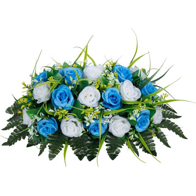 Artificial Light Blue With White Rose Cemetery Headstone Flower Saddle 