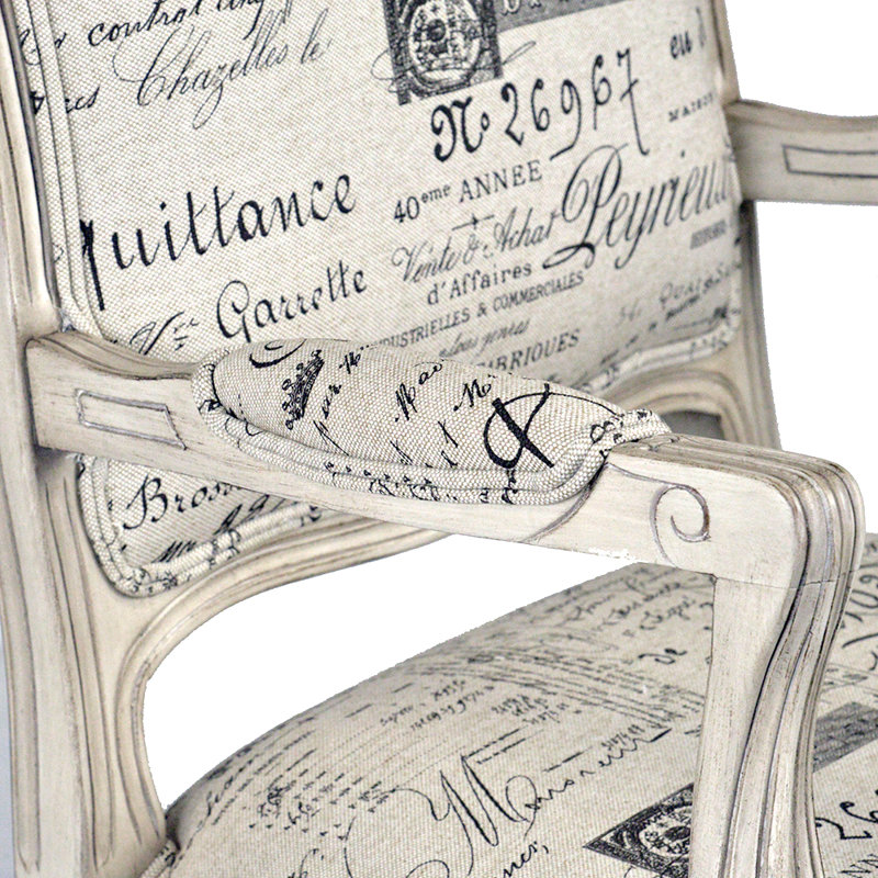 Upholstered Armchair, Beige/Gray Abstract Text Polyester, Antique White