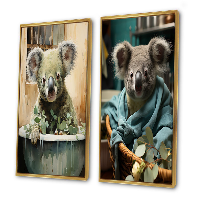 Ensemble de 2 décorations murales Koalas Laundry Time - Koala, H 32 po x l 33 po, Encadrement doré