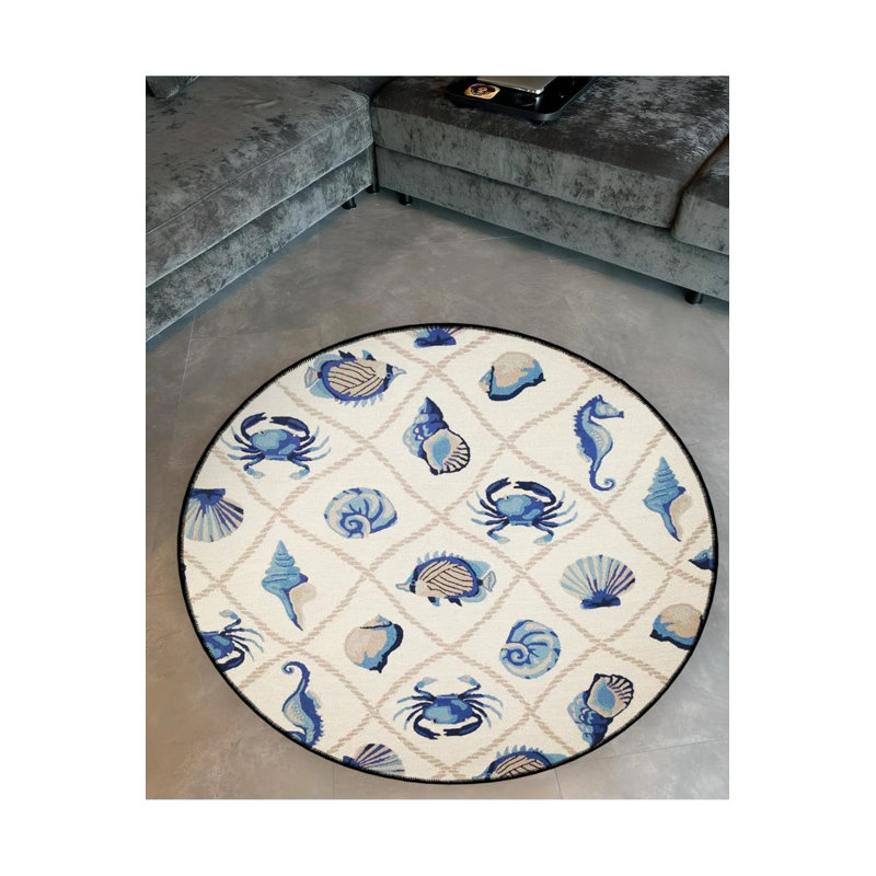 Tapis décoratif moderne tissé avec motif hippocampe et crabe, Rond 2 pi 8 po