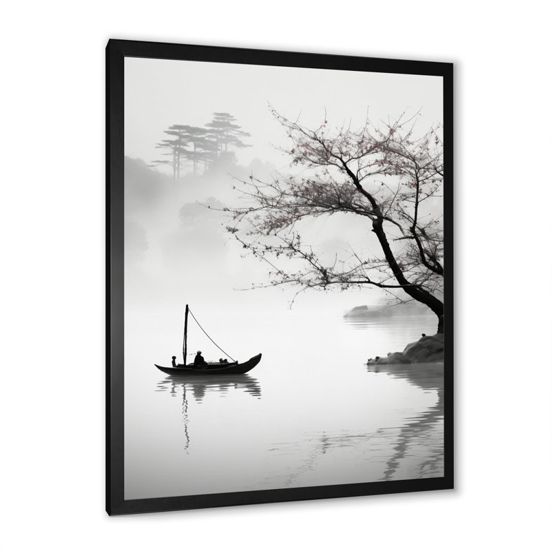 Art asiatique, bateau, monochrome, Toile encadrée noire simple, H 32 po x l 16 po x P 1 po