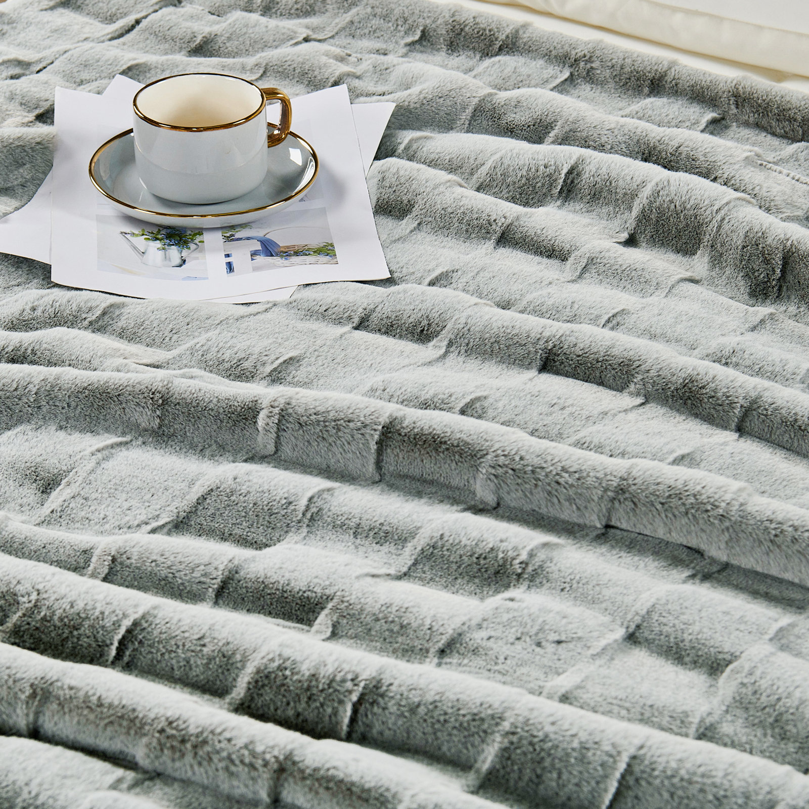 Biscoe Faux Fur Knitted Throw Blanket, 60"W x 70"L, Gray