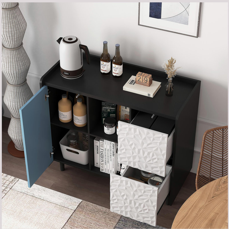Sideboard Buffet Cabinet, Black Storage Cabinet with Red Doors , 2 Drawers with unique panel styling and 2 Open Storage Compartment, Modern Coffee Bar Cabinet Accent Cabinet