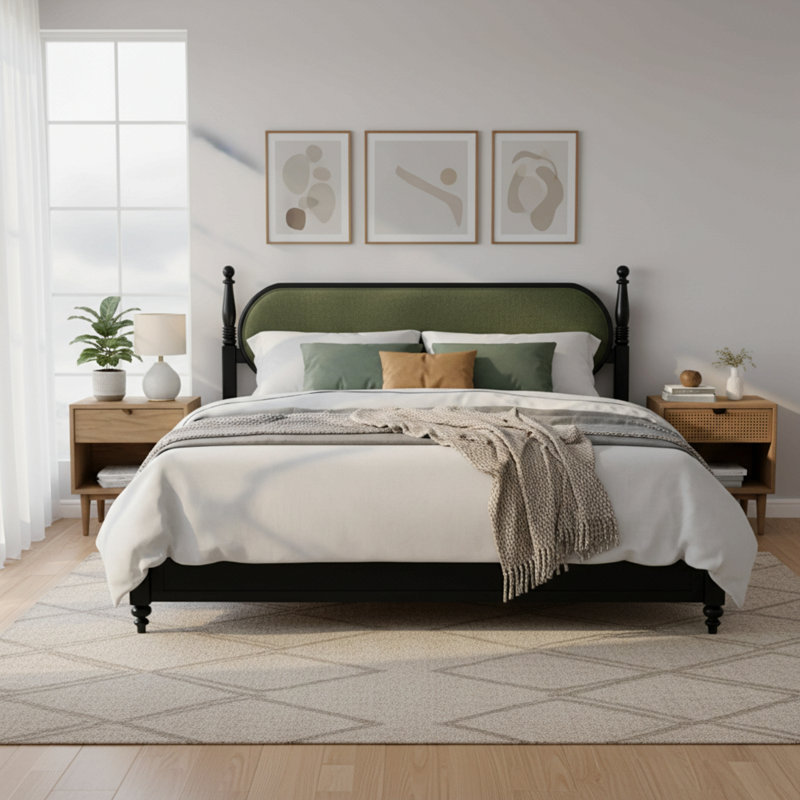 King Bed Frame, Solid Wood Platform With Slats, Modern Green & Black Bedroom Furniture