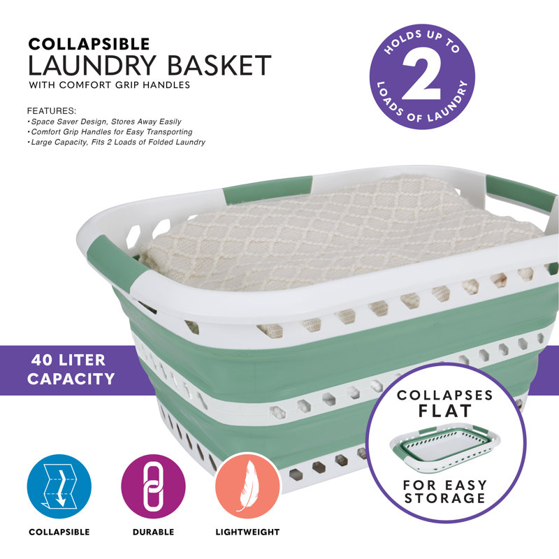  Collapsible Laundry Basket in White/Sage, White
