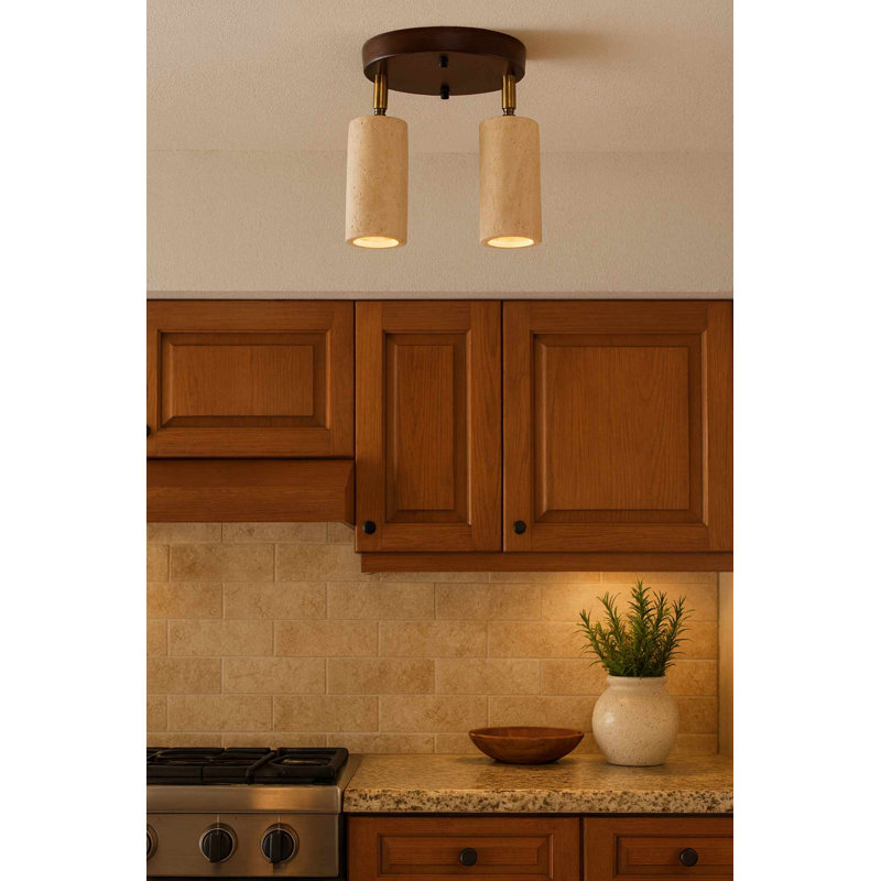 Elegant Wooden Chandelier, Beige & Walnut, 8.7 in (H) x 21 in (W) | Durable Wooden Body with Travertine Cap, 2 x GU10 Sockets (Max 10W) | Stylish Lighting for Living Room & Dining Room | Easy Installation, Modern Design