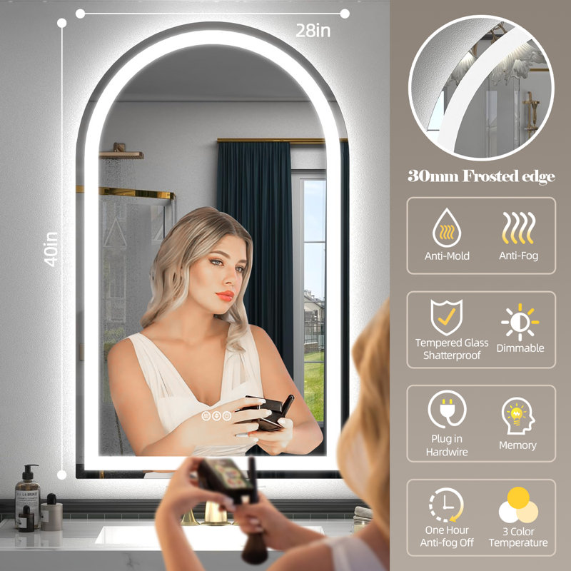 Lunara UL Certified Arch Wall Mirror, LED Bathroom Vanity Mirror with Dimmable 3-Color Lighting & Anti-Fog, 40 po x 28 po