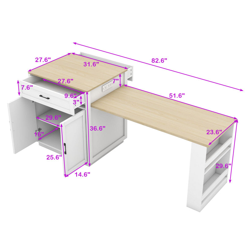 Cleanthes Kitchen Island with Extendable Dining Table, Cabinet and Integrated Power Ports, White