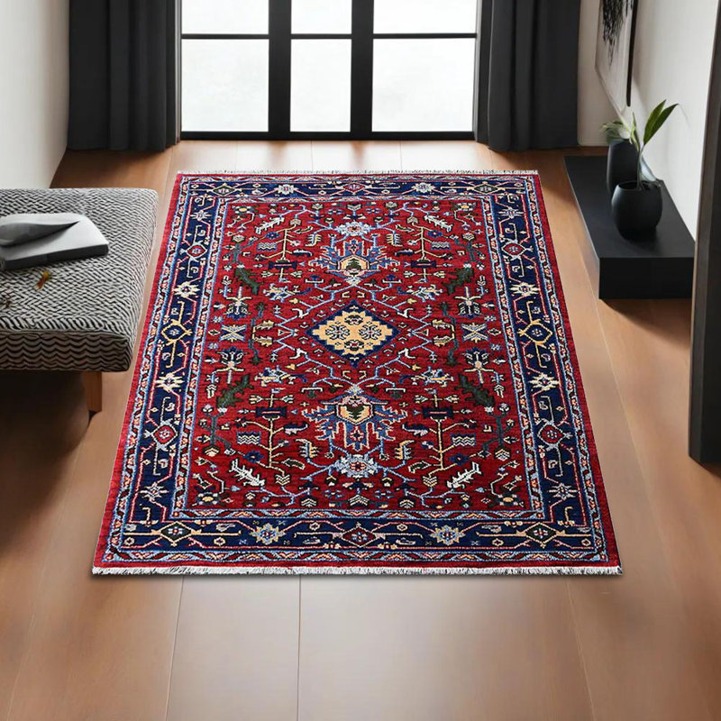Red Blue Silk and Wool Handmade Oriental Area Rug, Hand Knotted, Rectangle Shape, Rectangle 3' x 5'