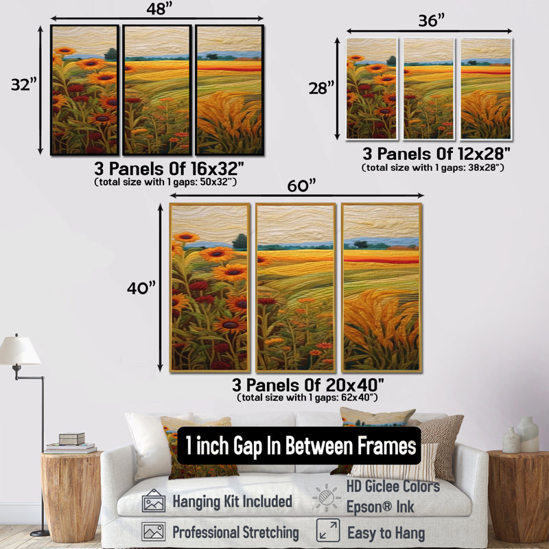 Tournesols par le pré vert - ensemble de décoration murale prairie, Encadrement argenté, H 32 po x l 48 po x P 1 po