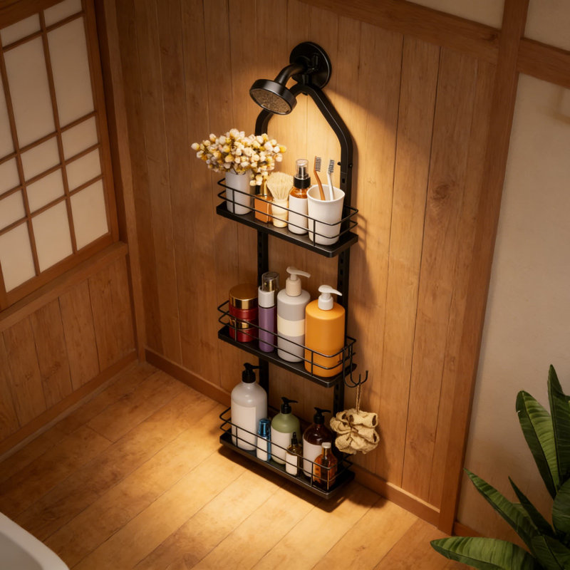 Support de douche réglable au-dessus de la tête de douche, organisateur de douche à 3 niveaux anti-balançoire avec acier inoxydable résistant à la rouille, support de rangement de salle de bain robuste pour les essentiels de shampooing et de bain