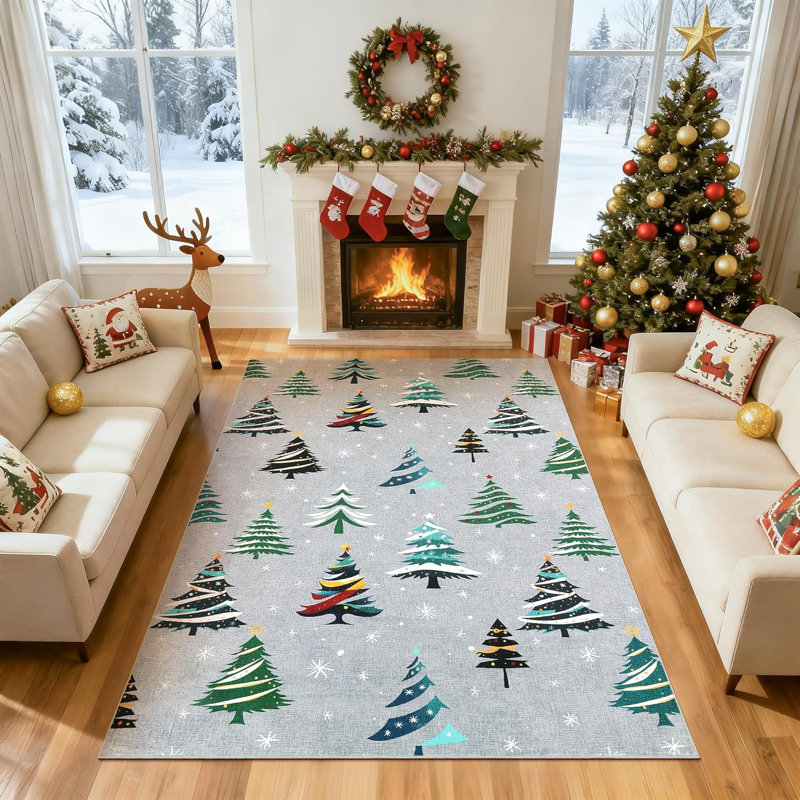 Tapis de Noël antidérapant lavable à poils courts, tapis de salon des Fêtes, motif de Noël, Rectangle 6 pi x 9 pi
