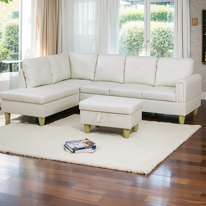 Jayzen 3 - Piece Vegan Sectional, Left Hand Facing, Natural, Pearl White Faux Leather