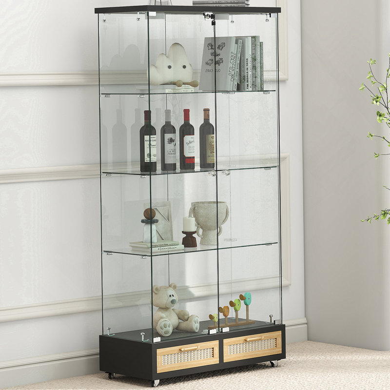 Vitrine avec bibliothèque en verre, grands tiroirs et lumière DEL, Noir