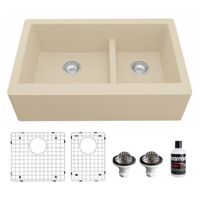 Karran Quartz 34'' X 21-1/4'' 60/40 Double Bowl Farmhouse/Apron Front Kitchen Sink Kit -  QA-760-BI-PK1